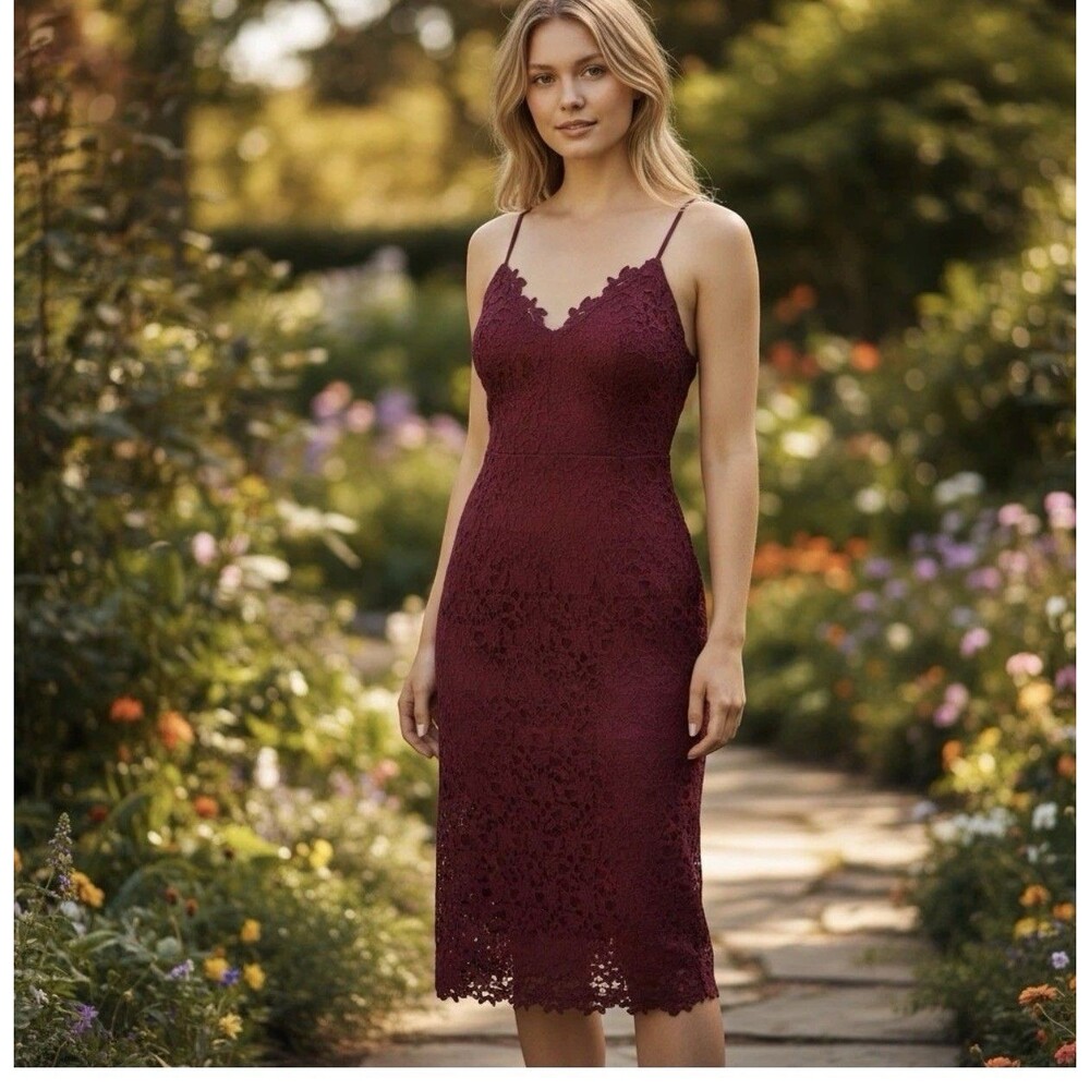 ASTR the label Lace Aline Midi dress in Wine size Large Crochet Maroon Cocktail